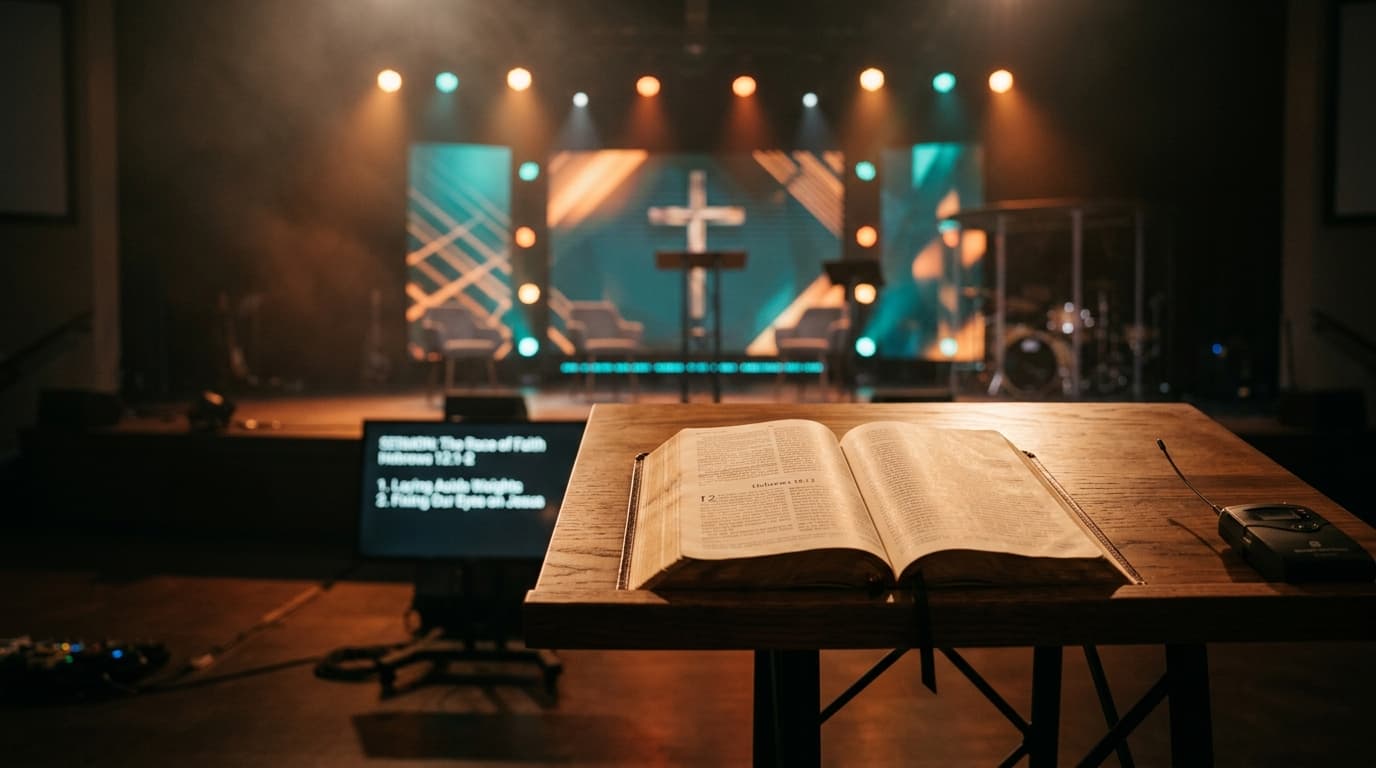 Open Bible on modern church stage desk with warm lighting and contemporary worship environment