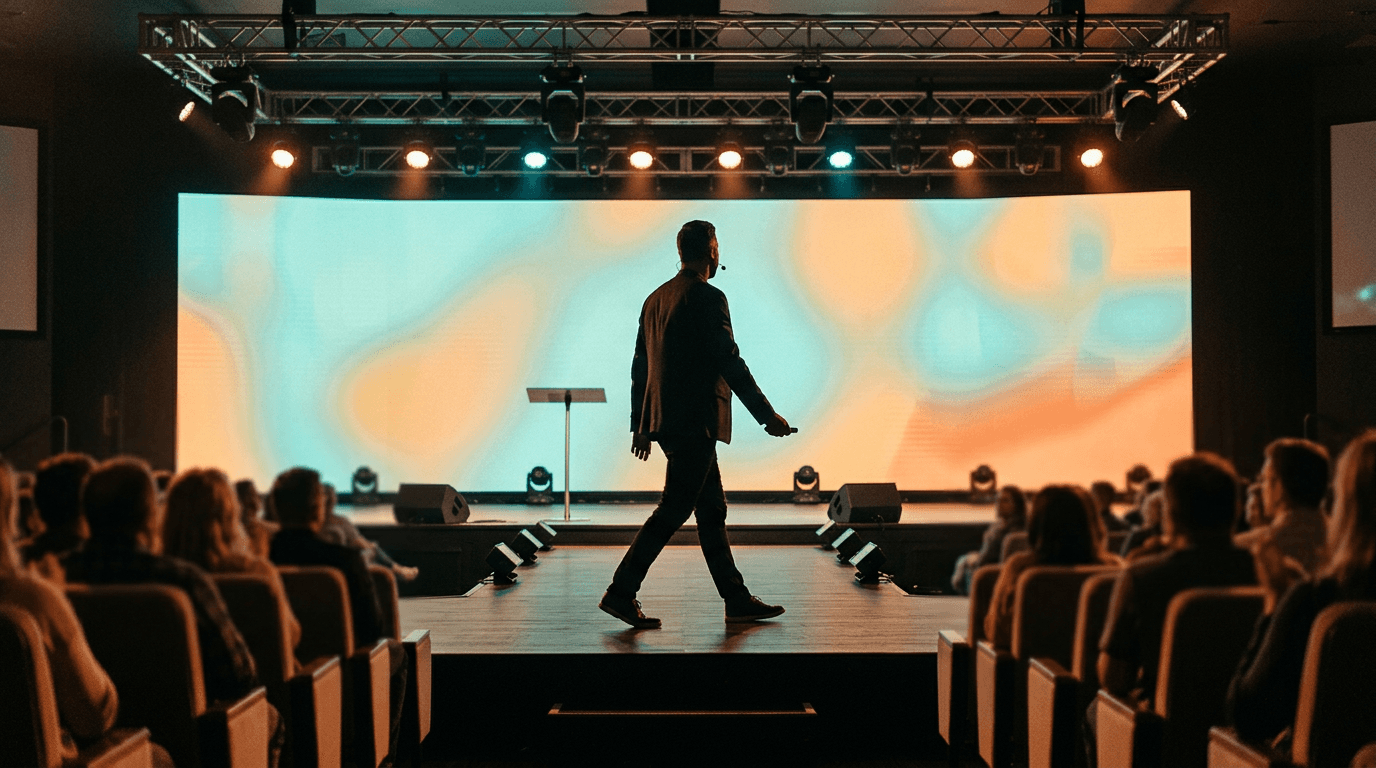 Pastor moving across modern church stage during sermon transition, with LED screen and contemporary lighting
