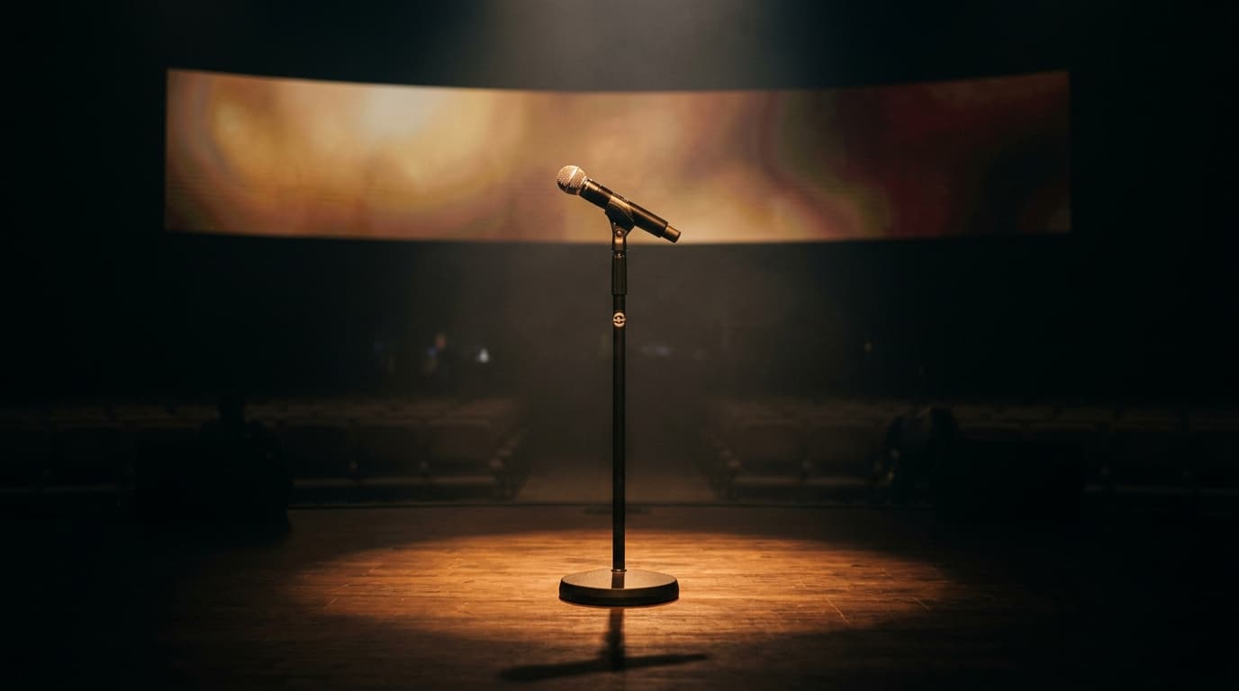 Modern church stage with single microphone in spotlight surrounded by darkness, representing the power of silence and pauses in preaching