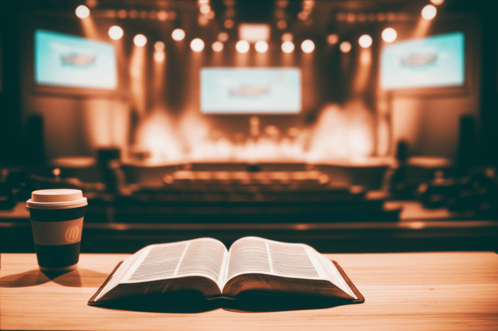 Open Bible on modern church stage table with warm lighting, representing storytelling and sermon preparation in contemporary worship setting