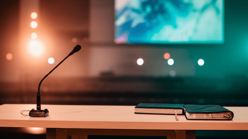 Modern church stage with wireless microphone and open Bible on podium, warm stage lighting creating atmosphere of intentional silence and strategic communication