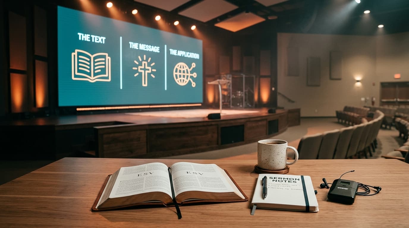 Modern church stage with three-section display and sermon preparation materials including open Bible, notebook, and coffee on contemporary table