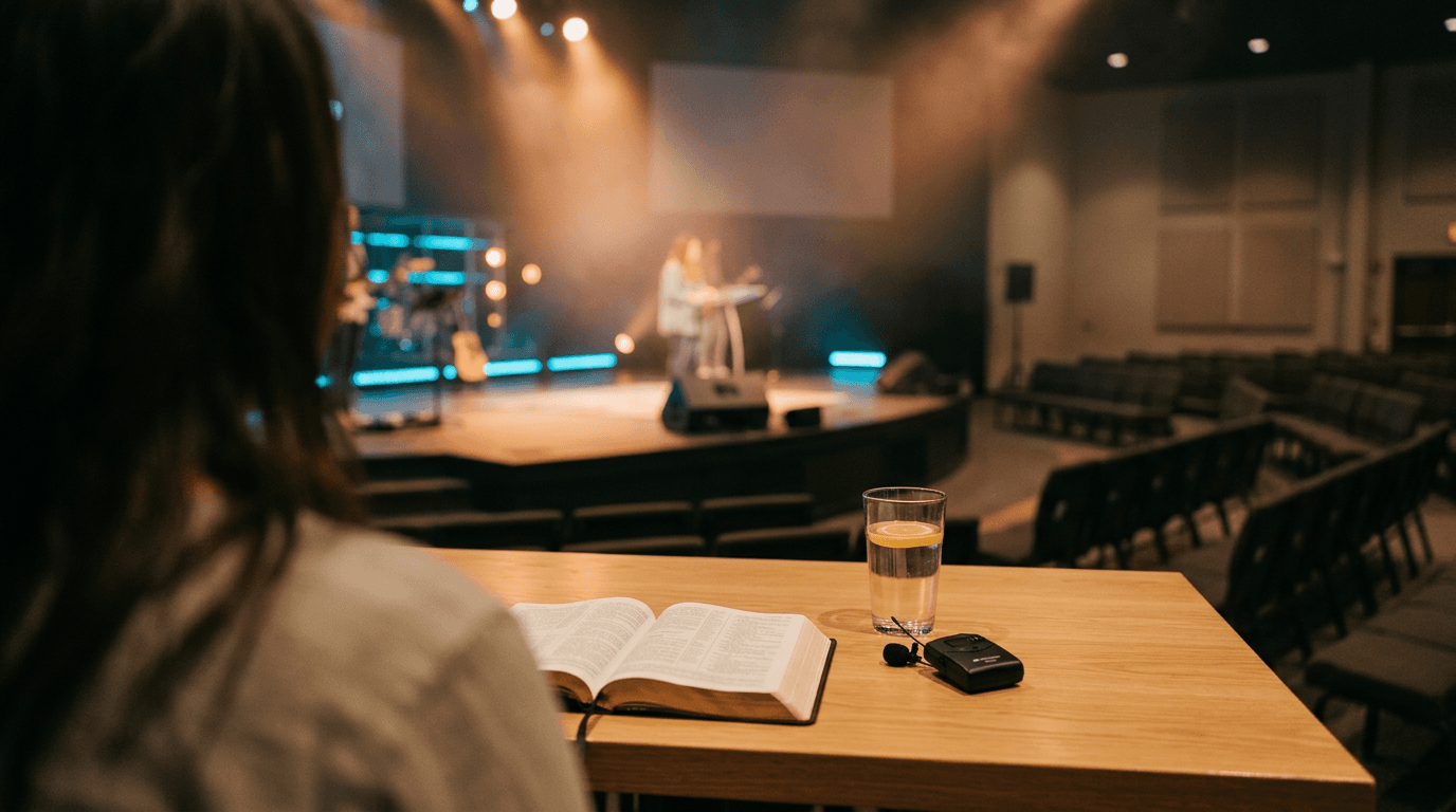 Modern church stage with Bible, water, and microphone on wooden table, representing vocal preparation for preaching