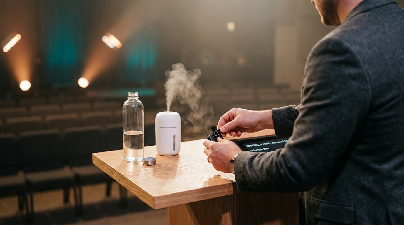 Modern church stage setup with wireless microphone, water bottle, and portable humidifier on contemporary table, representing vocal preparation for preaching multiple services