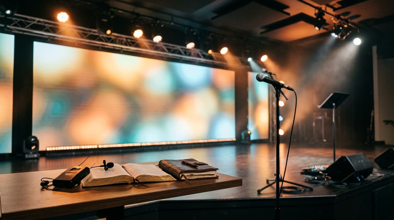 Professional wireless microphone on modern church stage with LED screens and warm theatrical lighting, representing vocal techniques and sermon delivery preparation