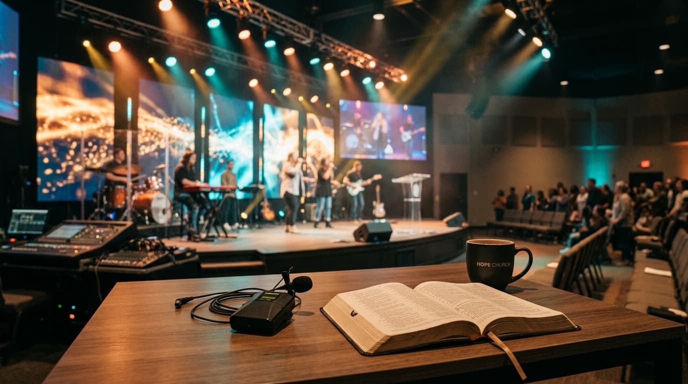 Modern church stage with professional audio equipment, open Bible, and wireless microphone on contemporary table with warm stage lighting