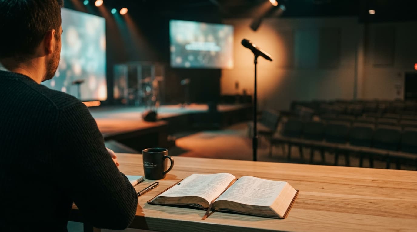 Open Bible on modern church stage table with coffee mug and warm lighting, symbolizing authentic pastoral preparation and vulnerability in preaching