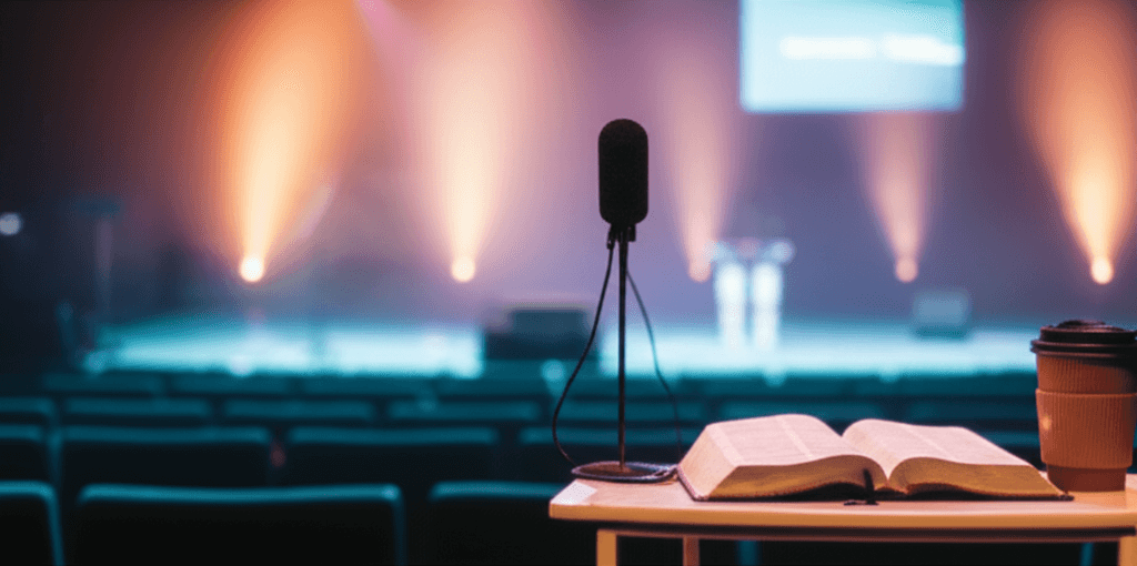 Modern church stage with wireless microphone, open Bible, and contemporary lighting representing the challenge of getting honest preaching feedback