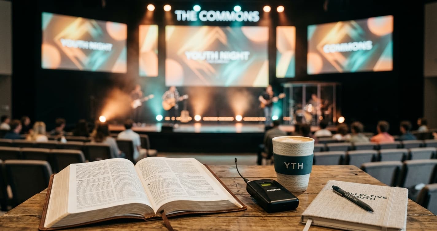Open Bible and wireless microphone on modern table with contemporary youth ministry stage and LED screens in background