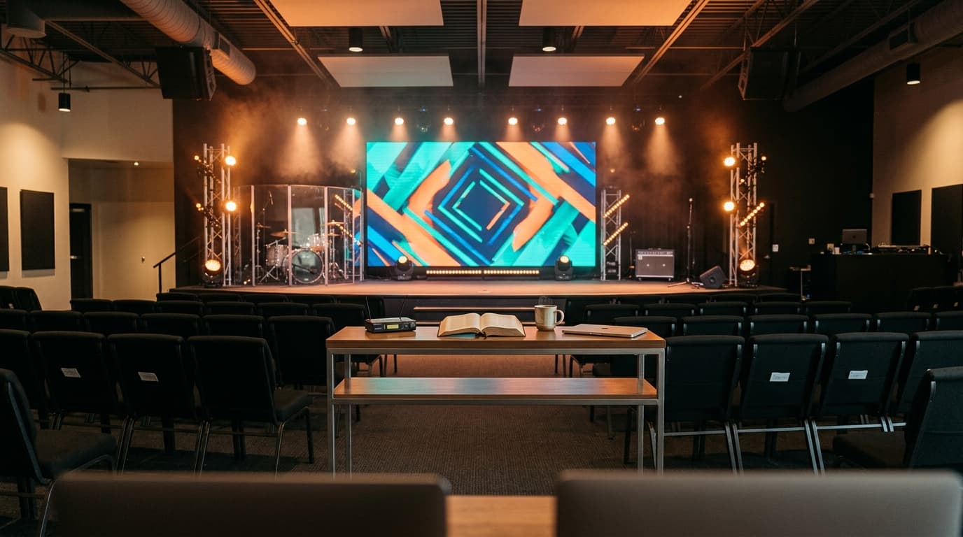Modern youth ministry stage with LED screens, contemporary seating, and professional lighting setup
