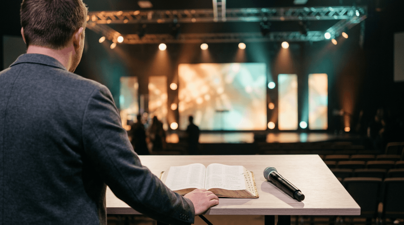 Open Bible and wireless microphone on modern table with youth group stage lighting in background