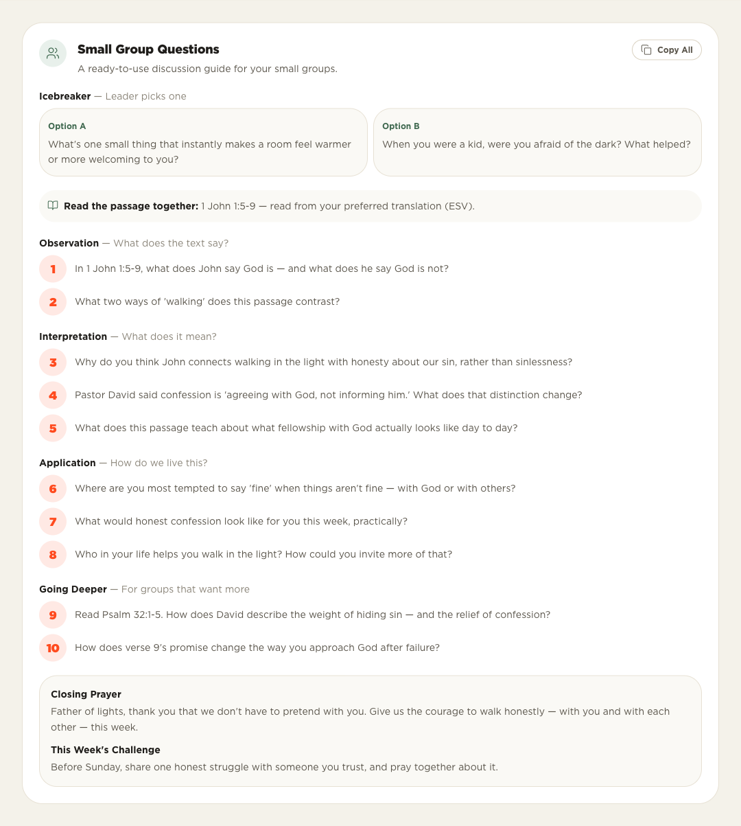 Small group discussion guide with icebreakers, questions, and a closing prayer