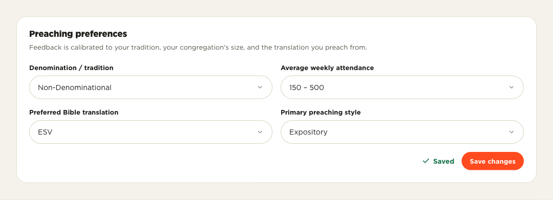 Preaching preferences — denomination, attendance, and Bible translation settings